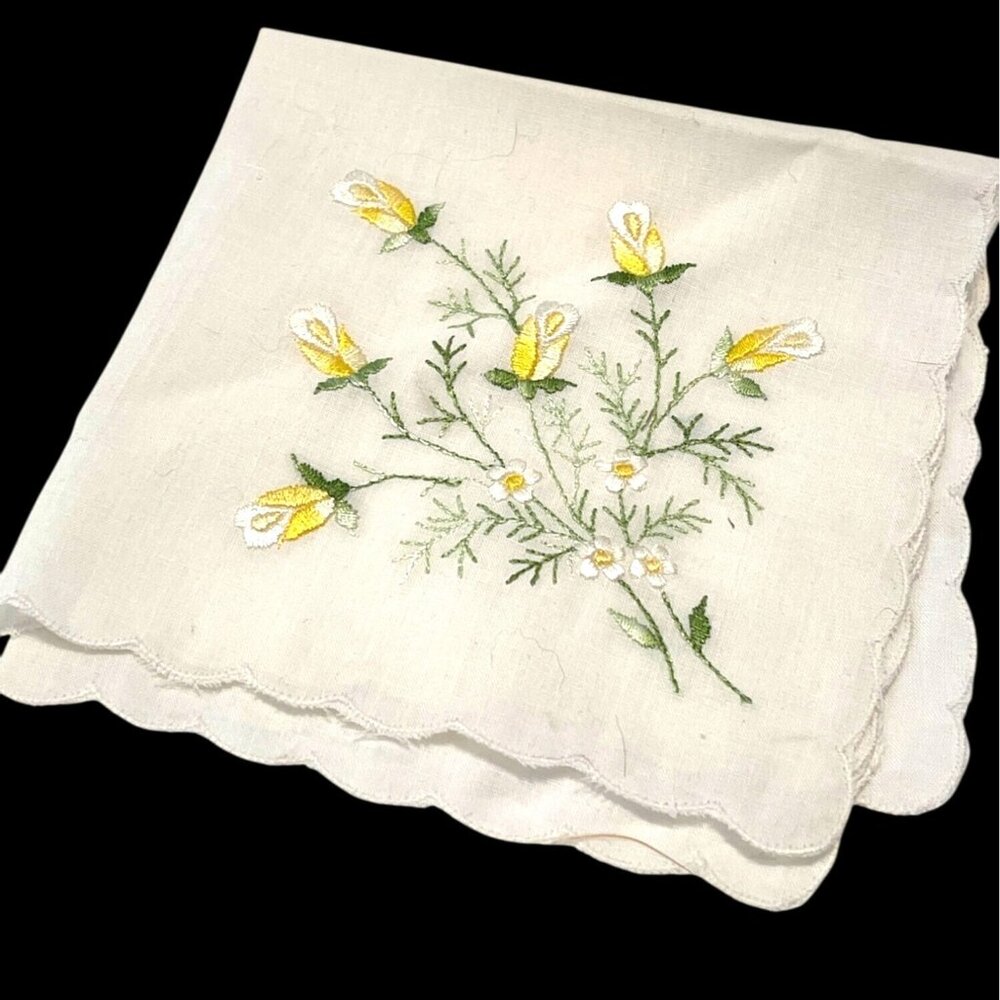 VTG Embroidered Handkerchief White Cotton Linen Scalloped Edge Yellow Flower
